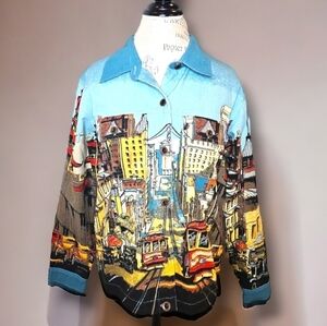 Artscapes Blue San Francisco Trolly Car Denim Cotton Jacket - Size Small